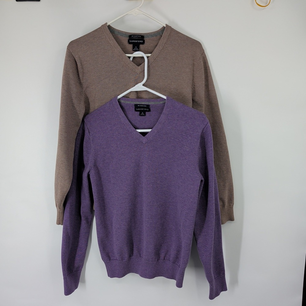 Lands End Womens Supima Cotton V-Neck Sweater 2 Pack Purple Tan Small 34-36